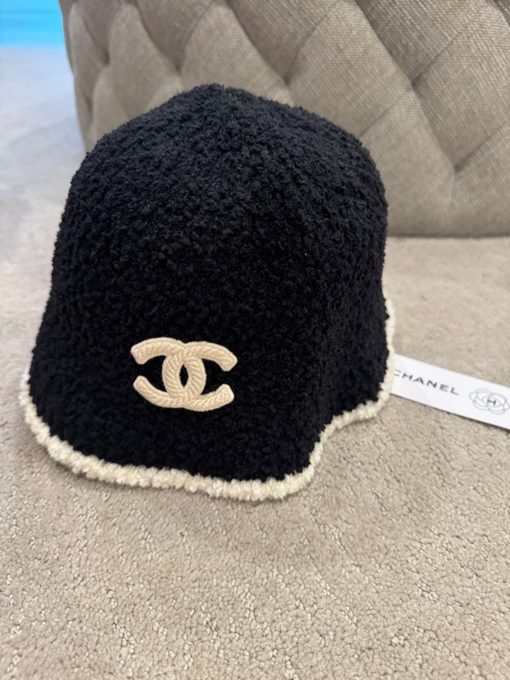 Black Bouclé Bucket Hat with Cream CC Emblem